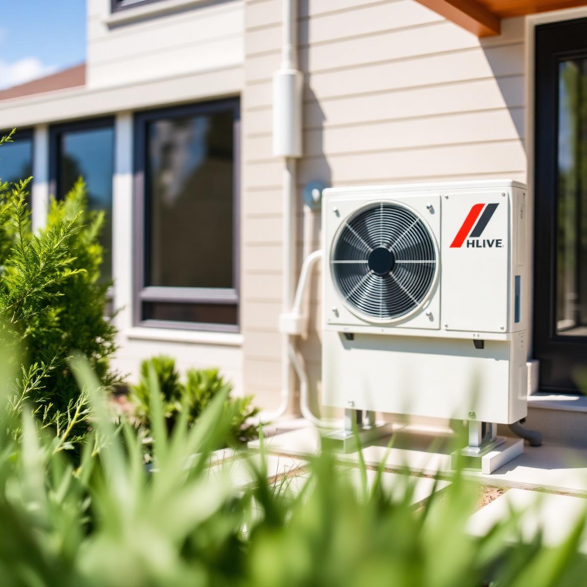 Modern outdoor heat pump unit installed at a home